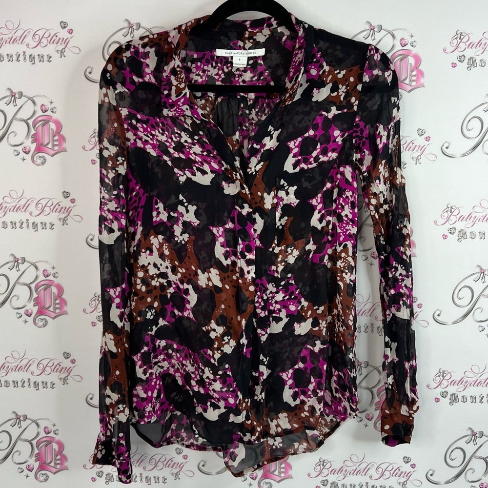 Diane Von Furstenberg blouse silk long sleeve spotted Black  Purple cheetah